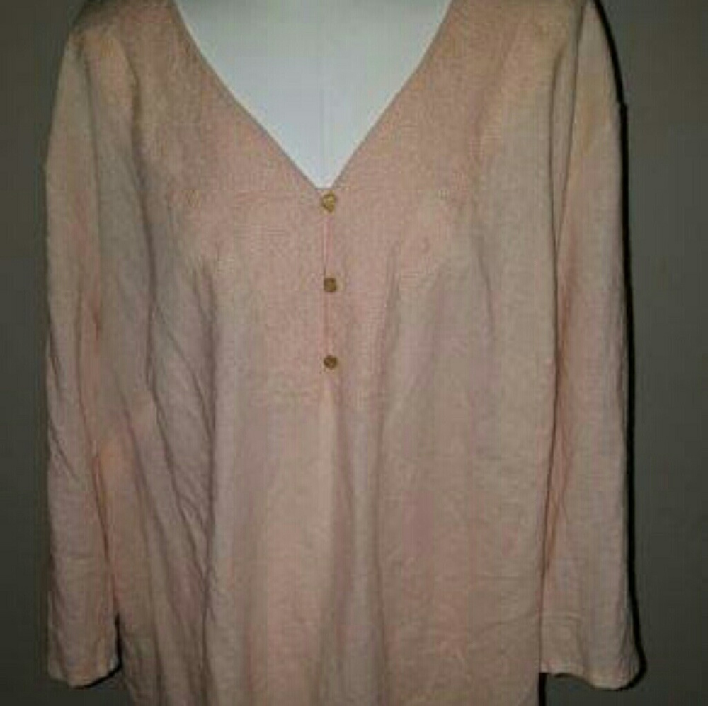 3X Vneck 3/4 Sleeve Pink Linen But on Blouse